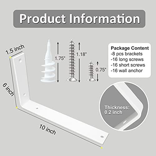 Shelf Brackets 10 Inch Wall L Brackets 8PCS Heavy Duty for Shelves Metal White Rustic Industrial Brackets for DIY Openin