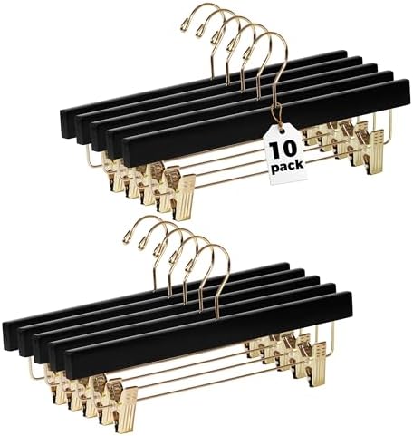 Quality Hangers Black Wooden Pants Hangers - 10-Pack Swivel Hook Cloth Hanger Set - Lotus Wood Skirt, Pant, Shorts and Slack Hangers with Adjustable Clip – Black Clothing Hanger (Gold Hook, 10)