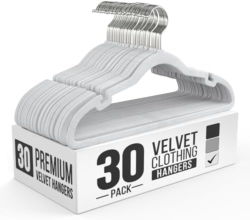 Our Modern Space 30 Pack Velvet Hanger for Shirt Pants Dresses Skirts Suits Jackets - Slim Space Saving Design - Standard Coat Hanger - Sturdy & Durable Design with Shoulder Grooves Hook