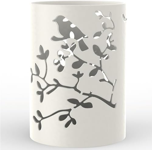 Mango Steam Metal Pen Holder, Makeup Brush Cup Organizer for Office, Bathroom, Vanity (White, Bird)