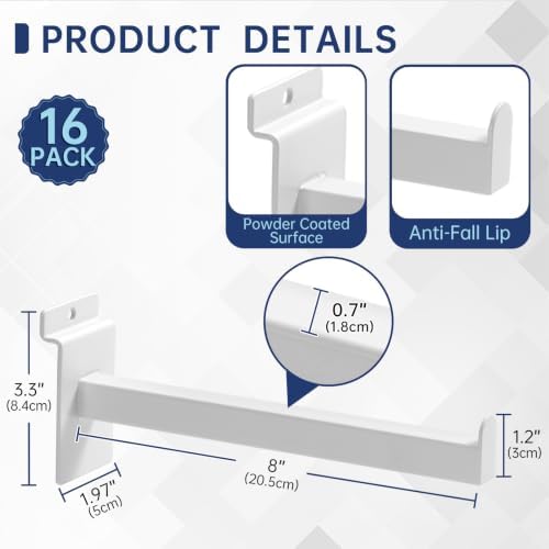 16 Pack Heavy Duty Tube Slatwall Shelf Brackets, Metal Tubular Slat Wall Brackets with Lip, Slatwall Accessories for Gar