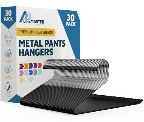 Lifemaster Metal Pants Hanger Set - 30 Pieces Elegant Non-Slip Closet Space Saving Hanger Set for Pants, Trouser, Blankets, and Jeans with Rubber Coating and Open Ended Sleek Design - Black
