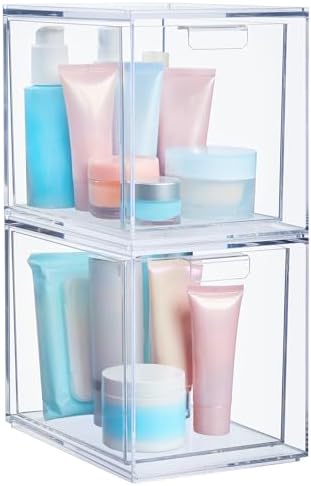 STORi Audrey Stackable Bin Clear Plastic Organizer Drawers | 2 Piece Set | Organize Cosmetics and Beauty Supplies on a V