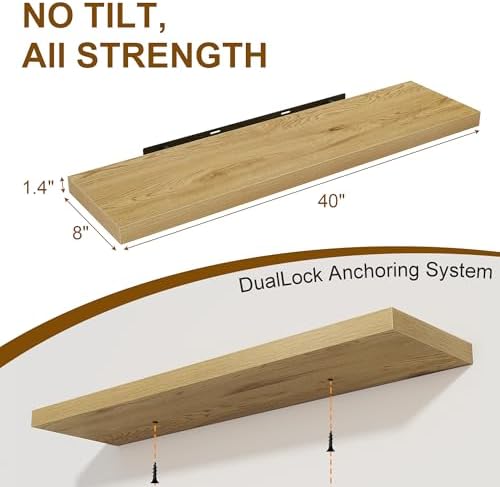 40 Inch Floating Shelves Set of 2, 8 Inch Deep Wall Shelf, Rustic Wood Storage Shelves for Bedroom, Kitchen, Bathroom, W