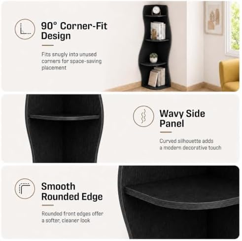 HRVEOCEI 5-Tier Wavy Corner Shelf with Curvy Shape for Small Space, Black