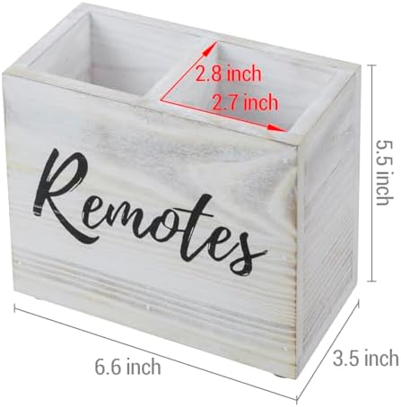 MyGift TV Remote Control Holder Organizer, Wood DVD Remote Caddy Storage for Table, 2 Large Compartment, Shabby Whitewashed Solid Wood with Black Cursive Remotes Label