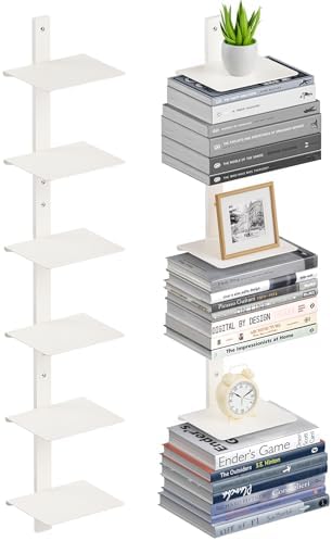 Floating Book Shelves for Wall, 6 Tier Invisible Floating Bookshelf, Vertical Spine Book Tower, Wall Mounted & Space Sav