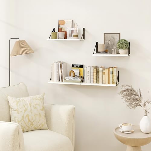 Heimlove White Deep Floating Shelves for Wall, 16W x 8D Wood Wall Shelves Set of 2, Wide Floating Bookshelf for Living R