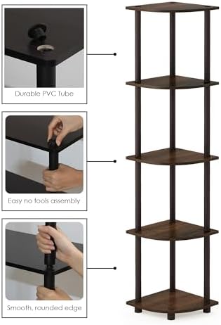 Furinno TURN-N-TUBE Corner Shelf Set of 2, 5-Tier Corner Bookshelf, Open Storage Shelves, for Organization and Storage, 