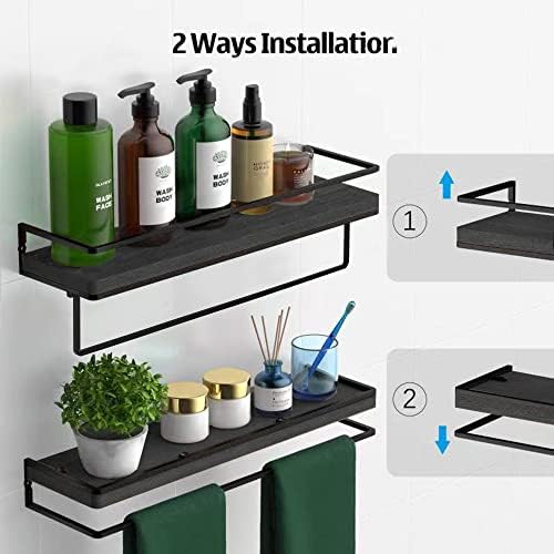 Meangood Floating Shelves Wall Mounted Set of 2, Wall Shelf with Towel Bar Rustic Wood Wall Storage Shelves for Bedroom,