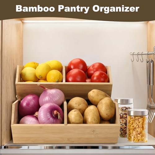 Bamboo Pantry Organizers and Storage Bins, 2 Set Stackable Baskets for Vegetables, Potatoes, Onion, Garlic, Bread - Bamb