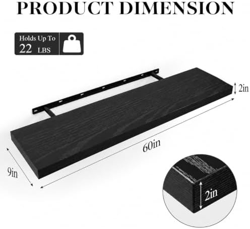 WELLAND 60 inch Black Mission Floating Shelves for Wall, Bathroom Wall Mount Shelves, Wood Modern Display Shelves, Book 
