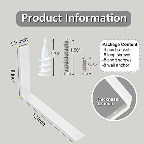Shelf Brackets 12 Inch Wall L Brackets 4PCS Heavy Duty for Shelves Metal White Rustic Industrial Brackets for DIY Openin