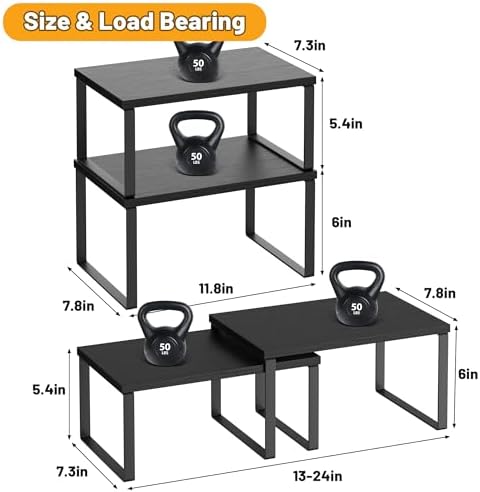Kitchen Cabinet Organizer Shelf Set of 4, Sturdy Kitchen Counter Shelves with Metal Legs, Stackable Expandable Wood Spic