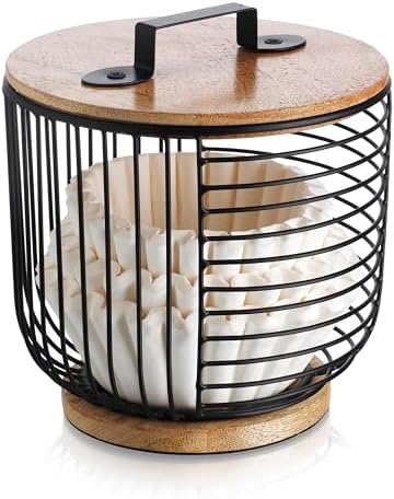 Coffee Filter Holder for Counter with Wooden Lid - Round Black Wire Coffee Pod Storage Container Basket for Kitchen Coun