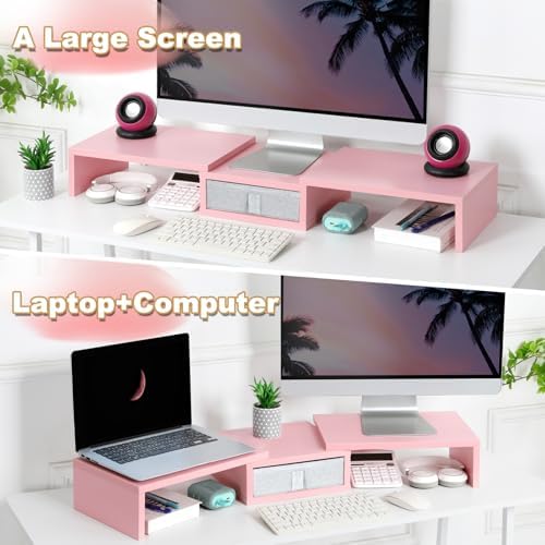 TEAMIX Pink Dual Monitor Stand Riser with Drawer - Length and Angle Adjustable Double Corner Desk Shelf Organizer 37 inc