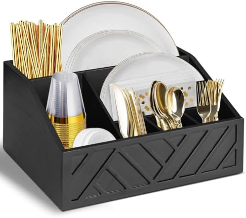 Ukonvi Paper Plate Dispenser, Paper Plate Holder for Kitchen Counter, Wood Rustic Silverware Utensil Caddy, Cutlery Flat