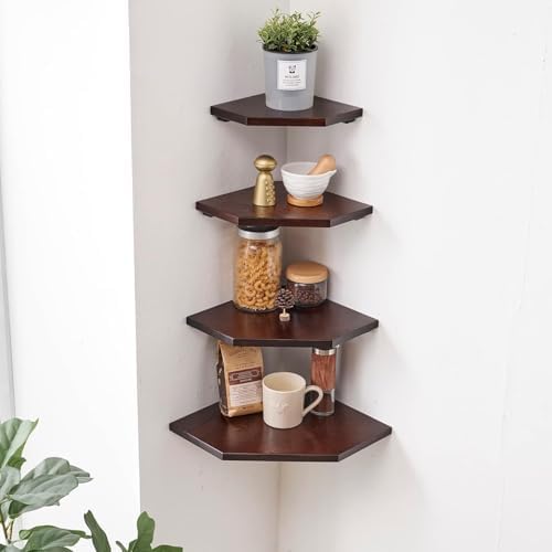 Corner Wall Shelves Set 2 Wire Hole Solid Oak Wood Display Shelf ,Walnut