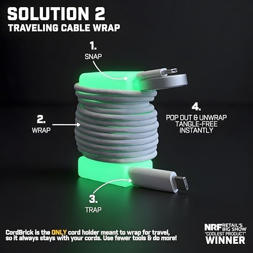 CordBrick Glowing Silicone + Steel Weighted Cable Holder for Nighstand, Cord Wrap for Travel, Unique iPhone Accessory. S