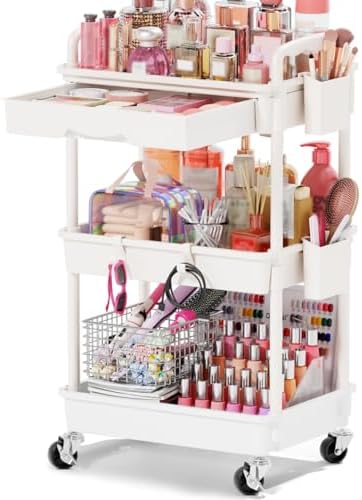Goovilla Rolling Makeup Organizer Cart with Removable Drawer, 3 Tier White