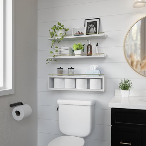 WOPITUES Floating Shelves for Wall 24 inch with Cube Shelf, Wall Shelves with Metal Rail for Decor, Bathroom Organizers 