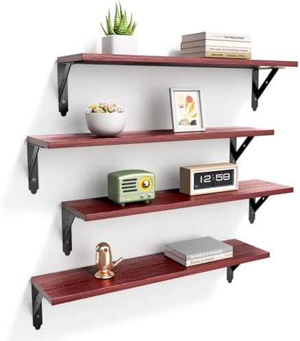 ROMGUAR CRAFT Wood Wall Floating Shelves Set of 4, 23.6" x 6" - Red