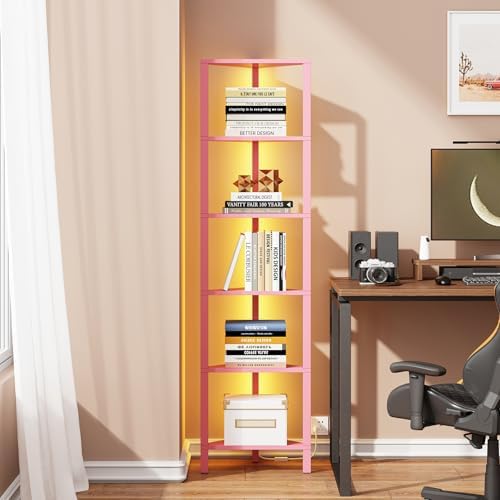 TUTOTAK Corner Shelf with LED Light, 6-Tier Corner Bookshelf