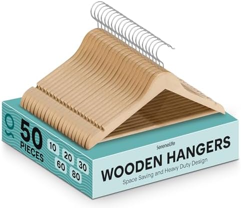 SereneLife Solid Wooden Hangers, Mega Pack, 50 Pieces Hangers for Clothes, Heavy Duty Suit Hanger Set with Chrome 360 Degree Swivel Hook, Notched Design, Natural Wood Color
