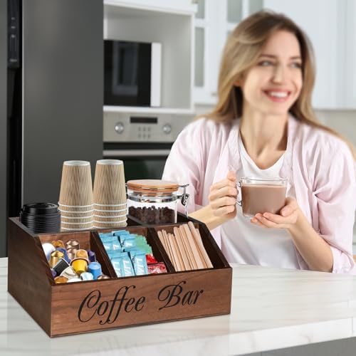 ugiftt Coffee Station Organizer for Counter, Wood Coffee Pods Holder Storage Basket, Tea Condiment Storage Organizer, Ru