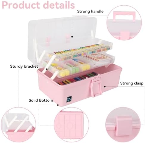 WEWLINE Hair Accessories Organizer 13-Inch Art Supply Bin Sewing Box 3-Layers Craft Storage Organizer with Handle Pink T