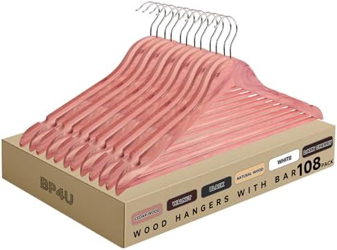 Wooden Clothes Hangers with Pants Bars, Cedar Wood, 108-Pack
