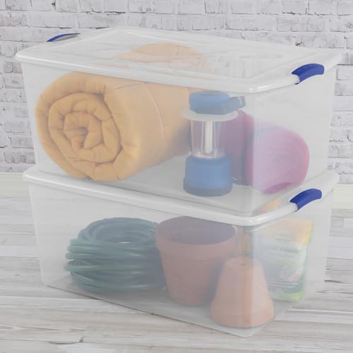 105 Qt. Plastic Storage Bin with Durable Lid, Stackable and Nestable Clear Tote Container Featuring Blue Buckles, Ideal 