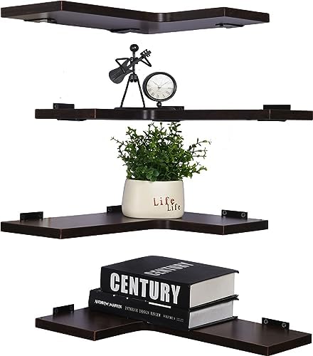 YYWUOJJ Corner Shelf Wall Mounted, Corner Floating Shelves for Wall, Set of 4 Dark Brown