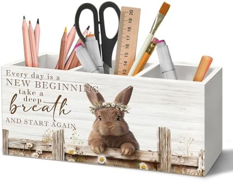 Motivational Bunny Pen Holder Organizer for Desk Accessories, Bunny Gifts for Women Girls, Farmhouse Daisy Floral Easter Rabbit Wooden Box Sign Desk Decorations for Home Office Decor
