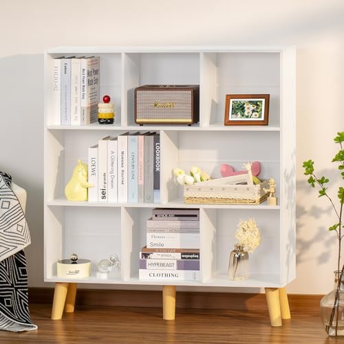 YAHARBO 8 Cube White Bookshelf,3 Tier Book Shelf with Legs,Modern Minimalist Bookcase,Open Book Shelves Storage Organize