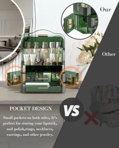 LINFIDITE Cosmetics Storage Box Transparent Lid Large Makeup Organizer Box Drawers Portable Handle Waterproof Dustproof 