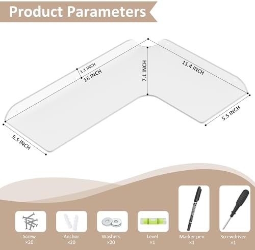 Sezanrpt 11.4x16 Inch Acrylic Corner Floating Shelf Set of 4, White Corner Wall Shelf for Home Décor, Speakers, Security
