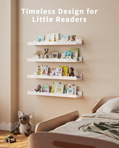 Shario Nursery Book Shelves, 4-Pack White Floating Shelves for Wall Kids, Scalloped Shelves, Wall Book Shelves for Bedro