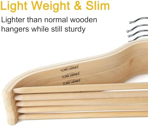 TOPIA HANGER Sleek Wooden Hangers with Non-Slip Rubber Grips, Sweater Hangers No Shoulder Bump, Lightweight Clothes Hangers 10-Pack, 360° Swivel Hook and Pants Bar-CT63N