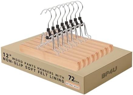 Wooden Non Slip Pants Hangers with Soft Felt Lining, 72-Pack, 12"