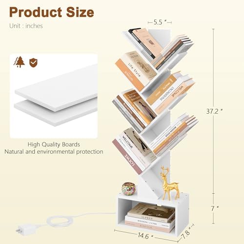 Hoctieon 6 Tier Tree Bookshelf with LED Lights, Small Bookcase, Freestanding Book Shelf, Display Floor Standing Storage 