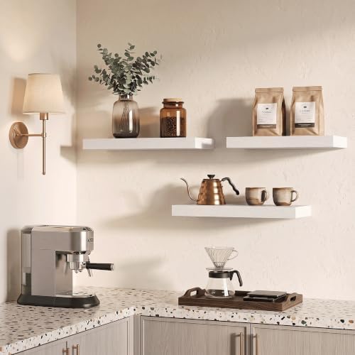 16 Inch Floating Shelves for Bathroom White, 8" Deep Wall Shelf, Set of 3