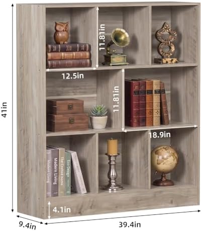 YAHARBO 3 Tier 8 Cube Horizontal Bookshelf, Low Bookcase for Sleves,Grey