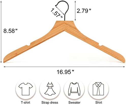 TOPIA HANGER Bamboo Wooden Hangers, Clothes Hangers with Rotatable Black Hook and Smooth Cut Nothces, Set of 12 Durable 