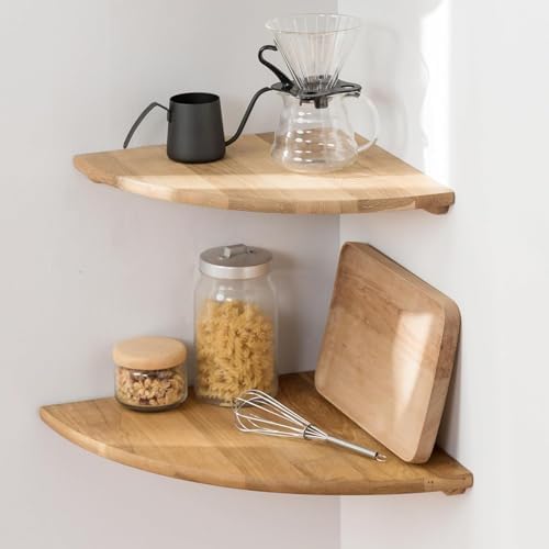 Corner Shelves, Floating Corner Shelf, Set of 2 16inch Solid Oak Wood Wall Shelves, Round End Wall Mount Display Shelf w