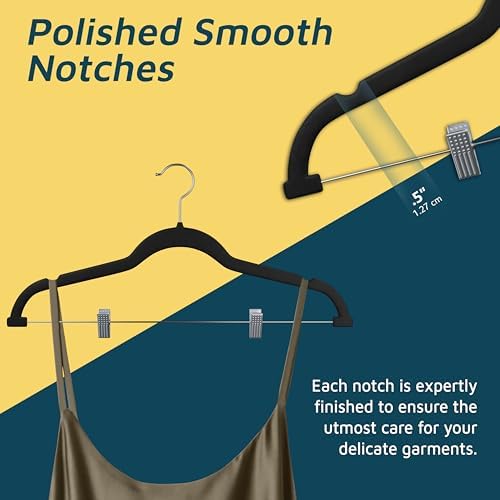 Lifemaster Velvet Skirt Hangers – with Adjustable Clips, 360 Degree Swivel Hook, and Non-Slip Shoulder Notch, Holds Up to 10 lbs, for Organizing Skirt, Pants, Dress, and Clothes, Pack of 30, Black