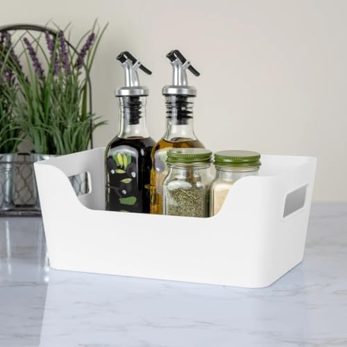 8 Pack Plastic Storage Bins with Handles, 6.5x9.5x4 Inch White Scoop Front