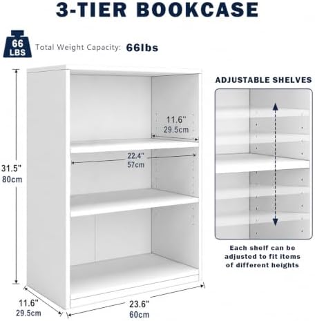 3-Tier Bookcase, 71 Inches, White