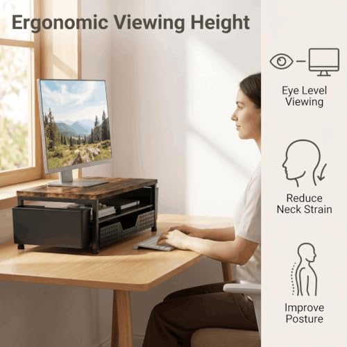 ECOLOVI Desk Organizer and Accessories, 2-Tier Computer Monitor Stand Rise with Storage Drawer & 2 Pen Holders, Laptop &