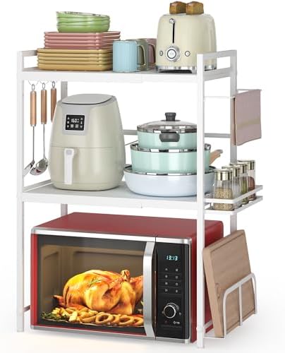 Expandable Microwave Stand Kitchen Countertop Organizer With Storage, White